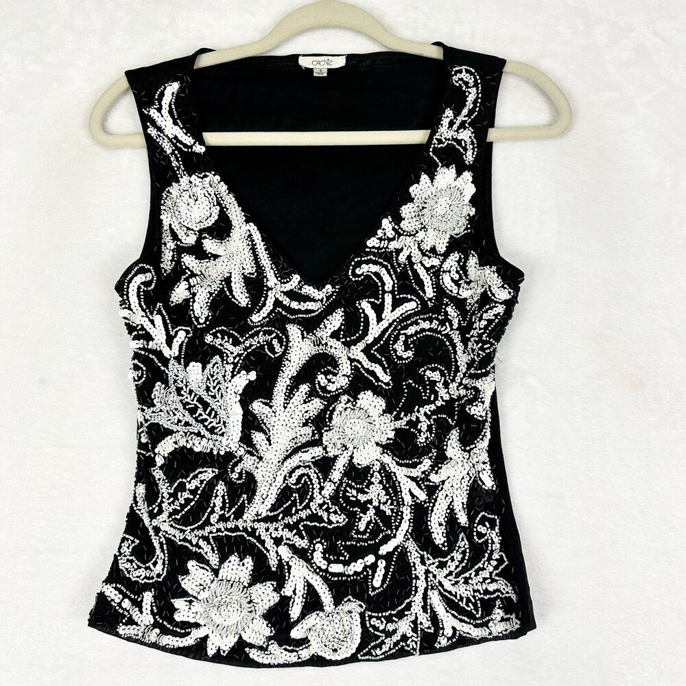 Vintage Cache Sequins Beaded Tank Top Size Small Y2K Black Mesh Whimsigoth